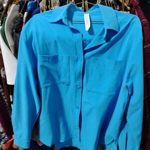 ALO Yoga Turquoise Button-Down Long Sleeve Shirt